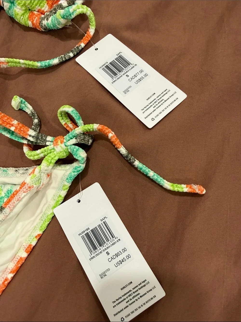 Hurley Girls' Neon Green Orange Gray Striped Tie-Side Bikini